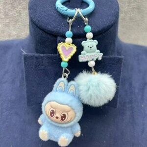 Labubu Blue Plush Bunny Keychain Bag Charm Pom Pom Backpack Clip